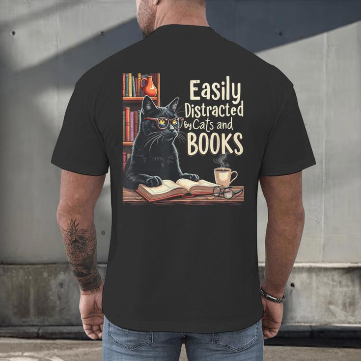 Cats And Books Book & Cat Lover Easily Distracted By Men's Back Print T-Shirt Cats And Books Book & Cat Lover Easily Distracted By Men's Back Print T-Shirt