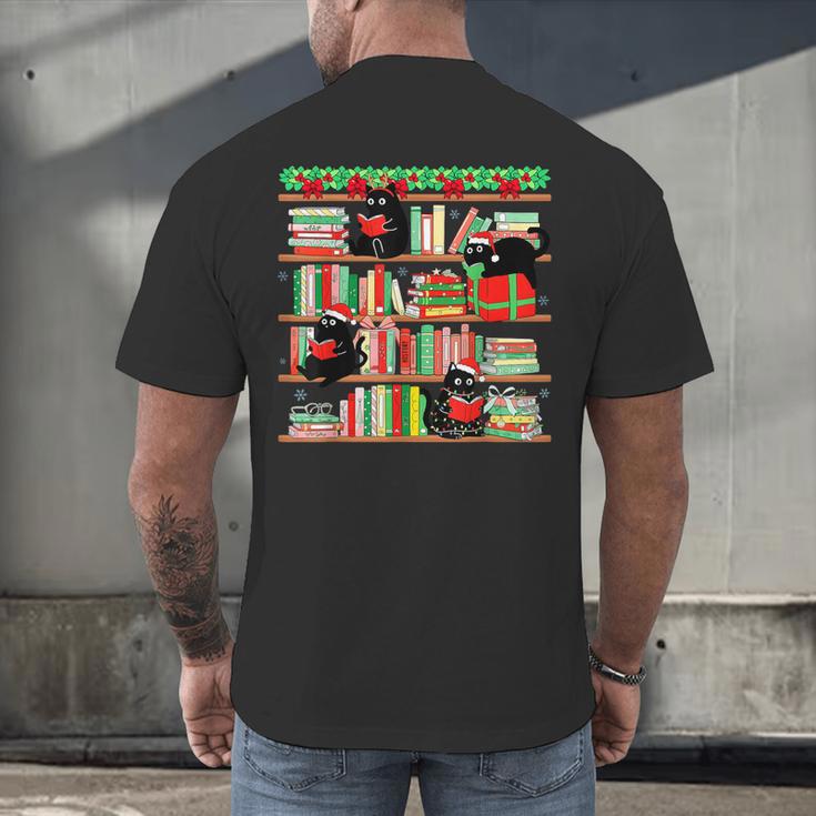 Christmas Cat Santa Bookshelves Book Lover Reader Men's Back Print T-Shirt