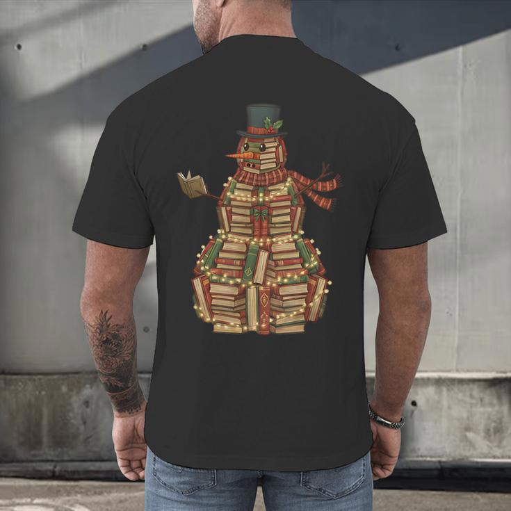 Christmas Snowman Made Of Books Holiday Reading Xmas Men's Back Print T-Shirt