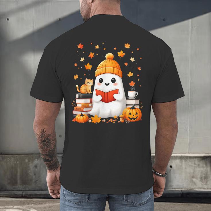Cute Beanie Ghost Bookworm Cozy Book Reading Halloween Men's Back Print T-Shirt