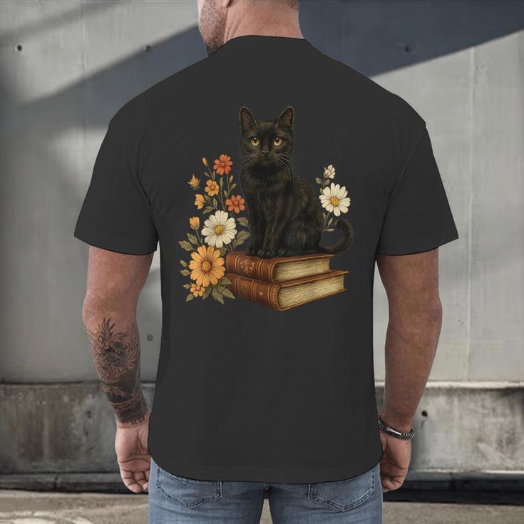 Cute Cat Book Flowers Men's Back Print T-Shirt