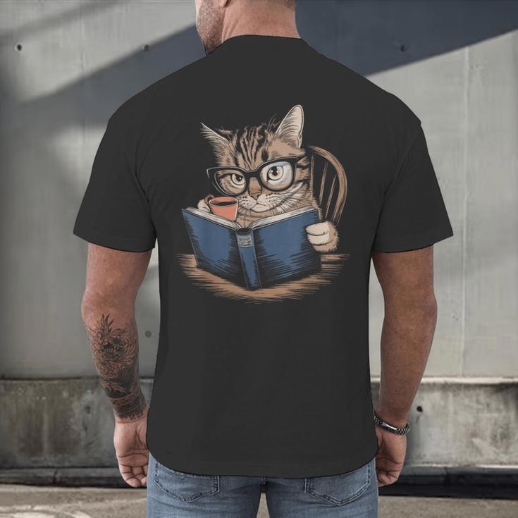 Cute Cat Reading Books With Tea Men's Back Print T-Shirt