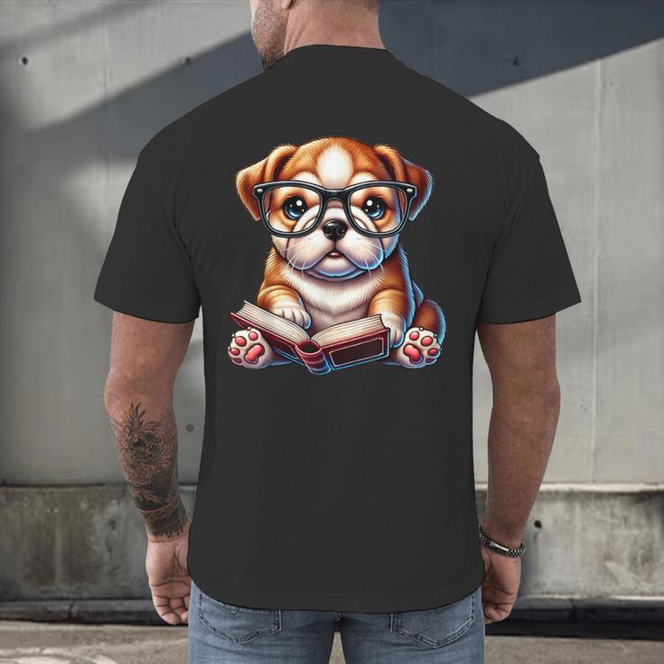 Cute Dog Puppy English Bulldog Reading Book Men's Back Print T-Shirt Cute Dog Puppy English Bulldog Reading Book Men's Back Print T-Shirt