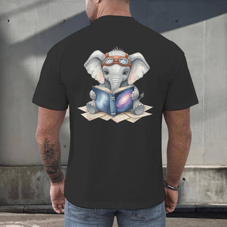 Cute Elephant Reading Universe Book Men's Back Print T-Shirt Cute Elephant Reading Universe Book Men's Back Print T-Shirt