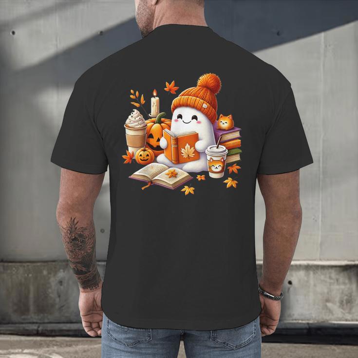 Cute Ghost Reading Book Lovers Halloween Pumpkin Women Girls Men's Back Print T-Shirt