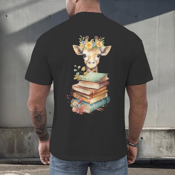 Cute Giraffe With Book Floral Bookworm Librarian Book Lover Men's Back Print T-Shirt Cute Giraffe With Book Floral Bookworm Librarian Book Lover Men's Back Print T-Shirt