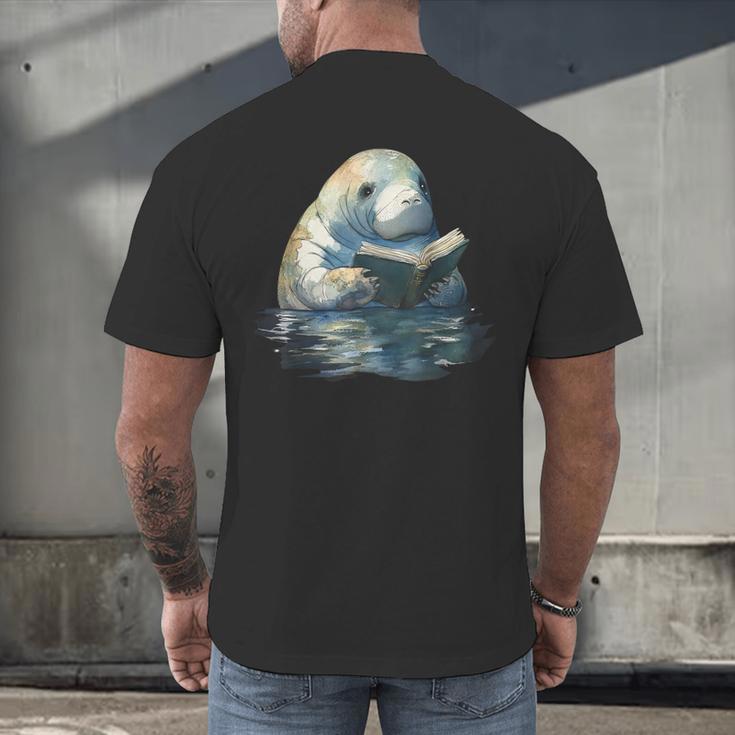 Cute Manatee Reading Book Bookworm Readers Manatee Lover Men's Back Print T-Shirt