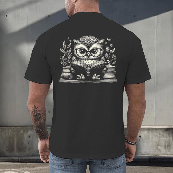 Cute Owl Reading Book Graphic Art Men's Back Print T-Shirt