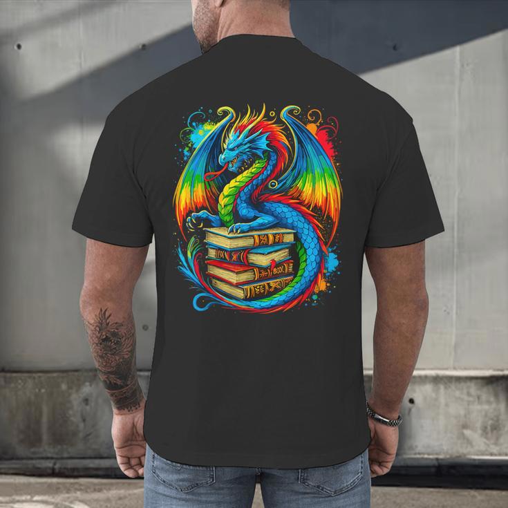 Dragon Reading Colorful Fantasy Book Lover Men's Back Print T-Shirt