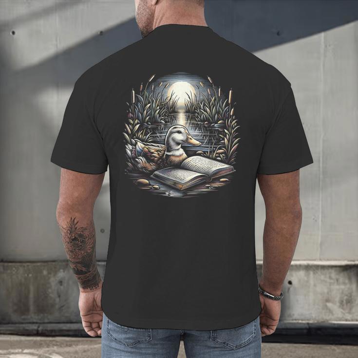 Duck Reading Book Full Moon Lake Scenery Men's Back Print T-Shirt Duck Reading Book Full Moon Lake Scenery Men's Back Print T-Shirt