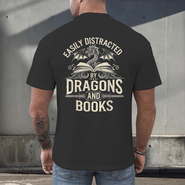 Easily Distracted By Books & Dragons Bookworm Reading Men's Back Print T-Shirt Easily Distracted By Books & Dragons Bookworm Reading Men's Back Print T-Shirt