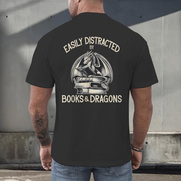 Easily Distracted By Books And Dragons Book Dragon Lover Men's Back Print T-Shirt