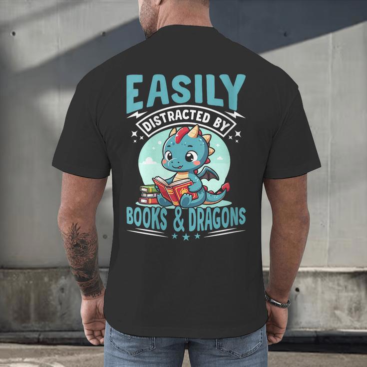Easily Distracted By Books And Dragons Nerds Men's Back Print T-Shirt Easily Distracted By Books And Dragons Nerds Men's Back Print T-Shirt
