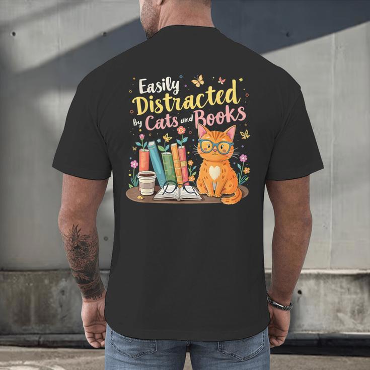 Easily Distracted By Cats And Books Book & Cat Lover Men's Back Print T-Shirt Easily Distracted By Cats And Books Book & Cat Lover Men's Back Print T-Shirt