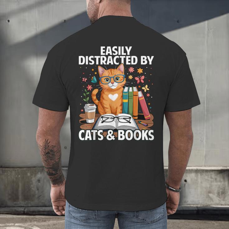 Easily Distracted By Cats And Books Book Lover Cat Men's Back Print T-Shirt Easily Distracted By Cats And Books Book Lover Cat Men's Back Print T-Shirt