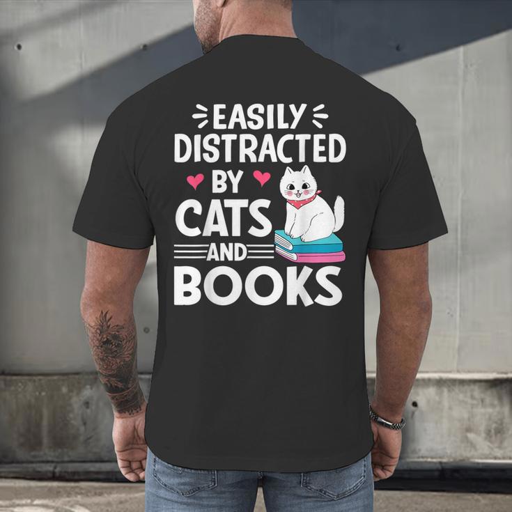 Easily Distracted By Cats And Books Cute Cat And Book Lovers Men's Back Print T-Shirt