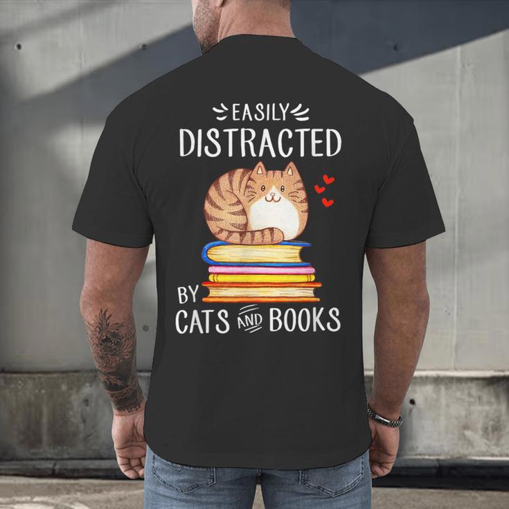 Easily Distracted By Cats And Books Reading Lover Bookish Men's Back Print T-Shirt