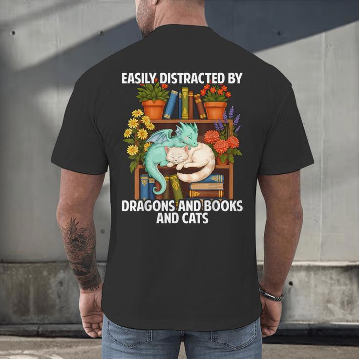 Easily Distracted By Dragons Books Cats Fantasy Book Lover Men's Back Print T-Shirt Easily Distracted By Dragons Books Cats Fantasy Book Lover Men's Back Print T-Shirt