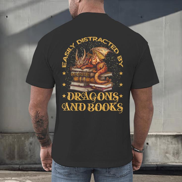 Easily Distracted By Dragons And Books Fantasy Book Lover Men's Back Print T-Shirt