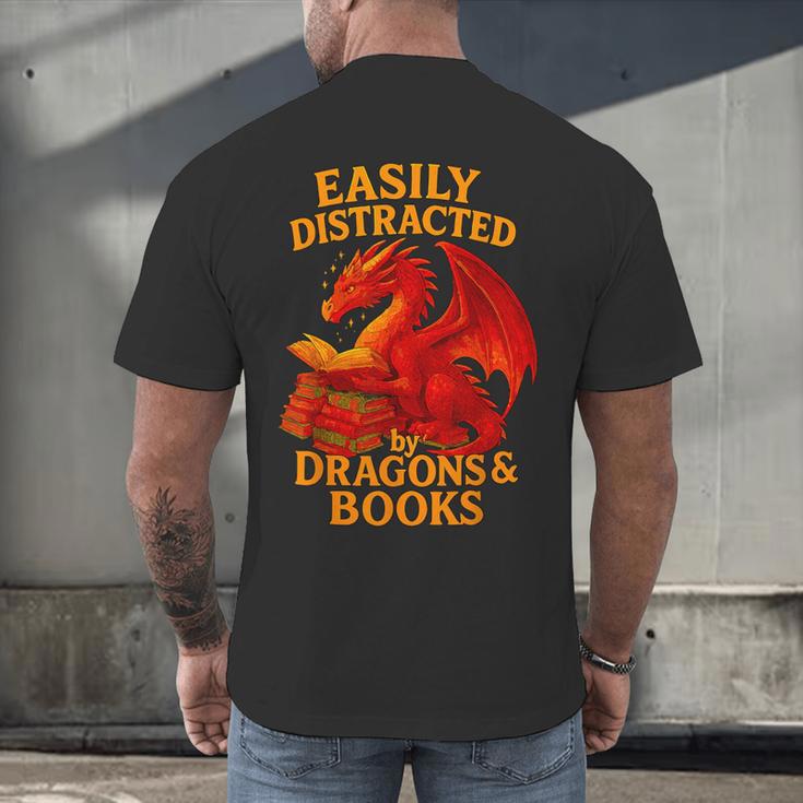 Easily Distracted By Dragons And Books Reading Men's Back Print T-Shirt Easily Distracted By Dragons And Books Reading Men's Back Print T-Shirt