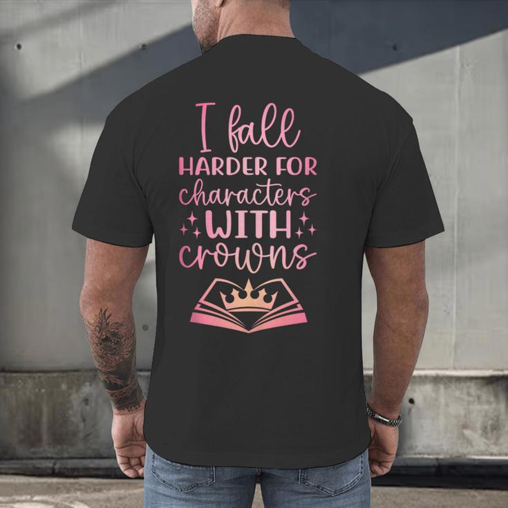 I Fall For The Characters WCrowns Fantasy Book Lover Tee Men's Back Print T-Shirt I Fall For The Characters WCrowns Fantasy Book Lover Tee Men's Back Print T-Shirt