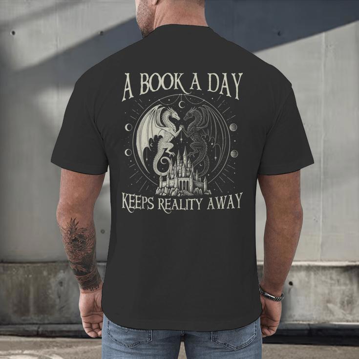 Fantasy Book Club Dragon Reader Book A Day Keep Reality Away Men's Back Print T-Shirt