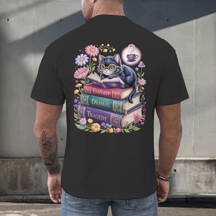 Fantasy Drama Tragedy Cute Cat Book Lover Readers Librarians Men's Back Print T-Shirt Fantasy Drama Tragedy Cute Cat Book Lover Readers Librarians Men's Back Print T-Shirt