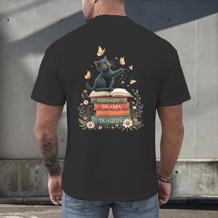 Fantasy Drama Tragedy Reading Lover Book Cat Humor Men's Back Print T-Shirt