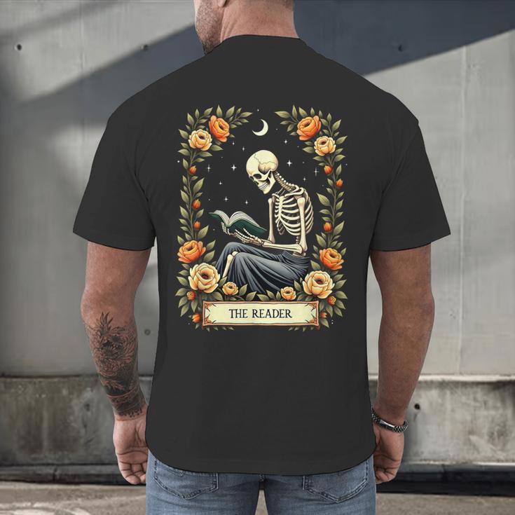 Floral Tarot Card The Reader Skeleton Reading Book Men's Back Print T-Shirt Floral Tarot Card The Reader Skeleton Reading Book Men's Back Print T-Shirt
