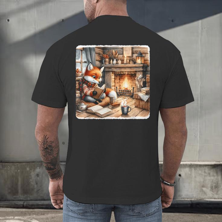 Fox Reads By Fireplace In Cabin Rustic Book Cozy Cup Tea Men's Back Print T-Shirt Fox Reads By Fireplace In Cabin Rustic Book Cozy Cup Tea Men's Back Print T-Shirt