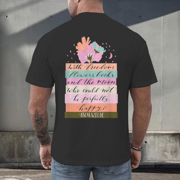With Freedom Flowers Books And The Moon Men's Back Print T-Shirt With Freedom Flowers Books And The Moon Men's Back Print T-Shirt