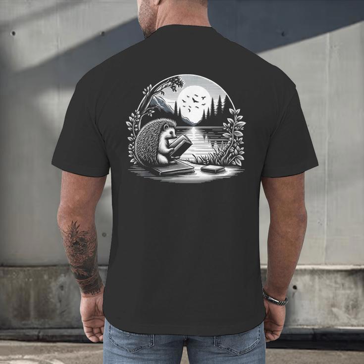 Hedgehog Reading Book Full Moon Lake Scenery Men's Back Print T-Shirt