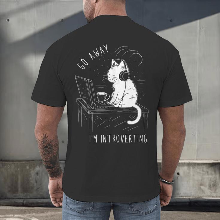 Introvert Cat With Coffee On Computer Antisocial Emo Goth Men's Back Print T-Shirt Introvert Cat With Coffee On Computer Antisocial Emo Goth Men's Back Print T-Shirt