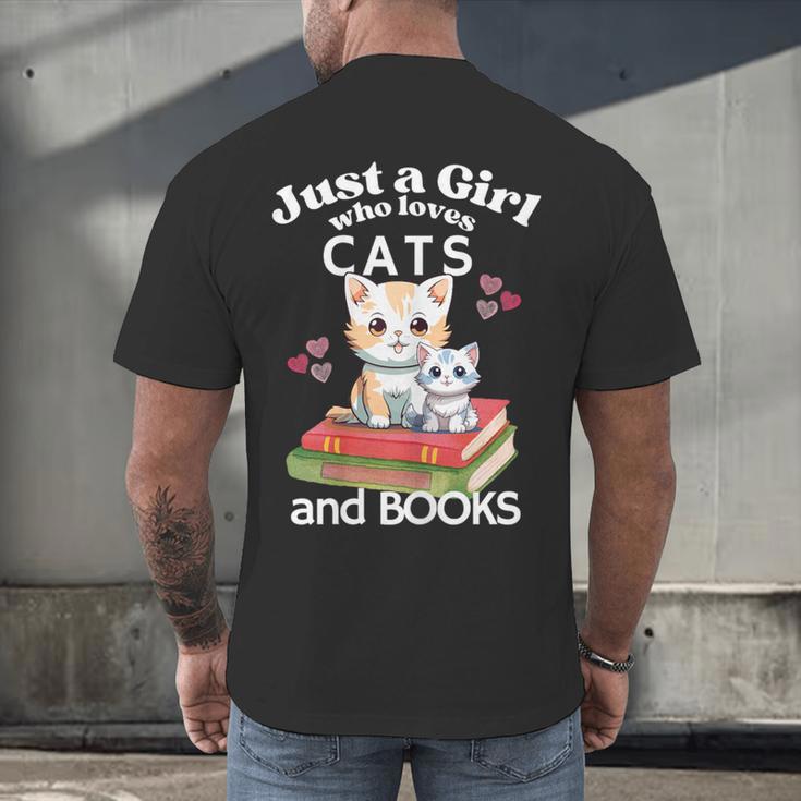 Just A Girl That Loves Cats And Books Cute Cat & Bookwork Men's Back Print T-Shirt Just A Girl That Loves Cats And Books Cute Cat & Bookwork Men's Back Print T-Shirt