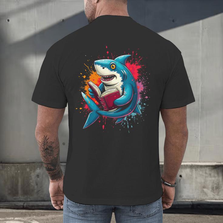 Kawaii Shark Reads Book Reading Library Book Bookworm Men's Back Print T-Shirt