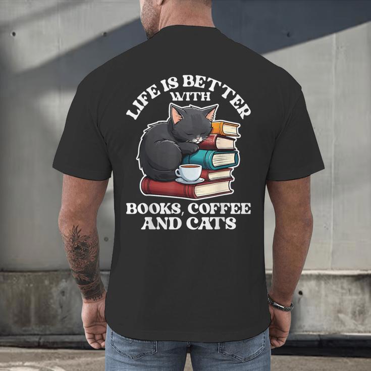 Life Is Better With Books Cats & Coffee Librarian Book Lover Men's Back Print T-Shirt