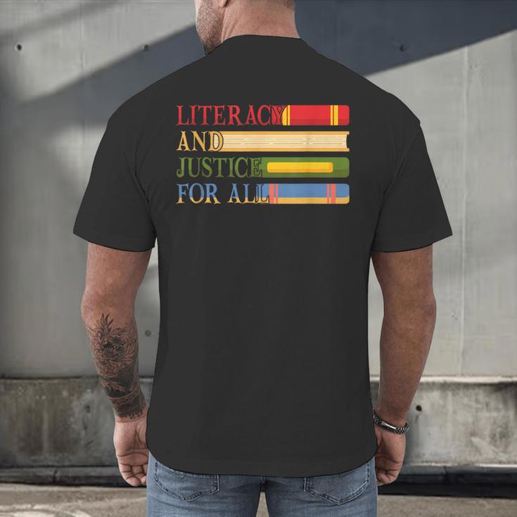 Literacy And Justice For All Reading Book Club Librarian Men's Back Print T-Shirt