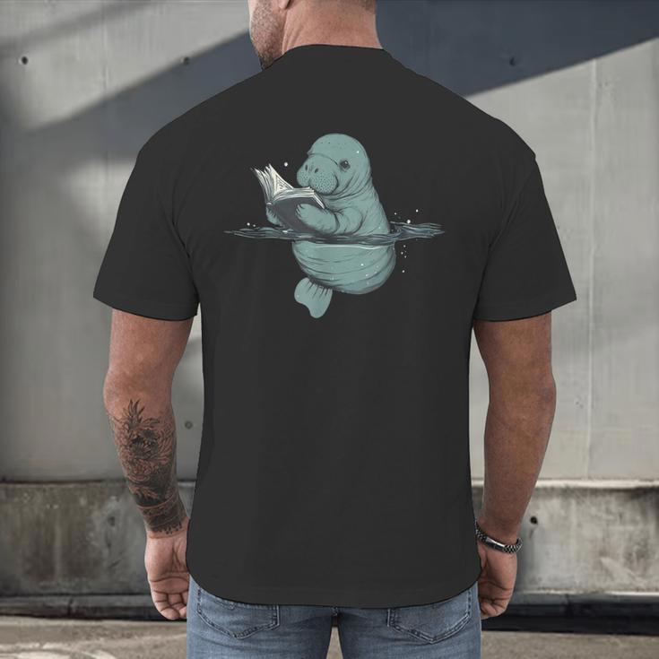 Manatee Reading Book Bookworm Manatees Ocean Animal Lover Men's Back Print T-Shirt Manatee Reading Book Bookworm Manatees Ocean Animal Lover Men's Back Print T-Shirt