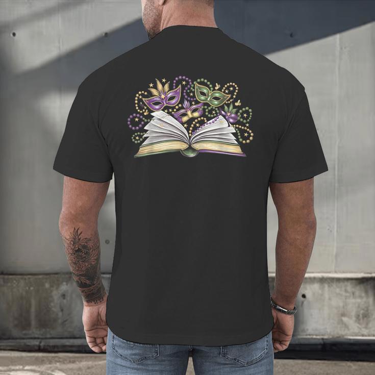 Mardi Gras Book Librarian Author Purple Beads Men's Back Print T-Shirt