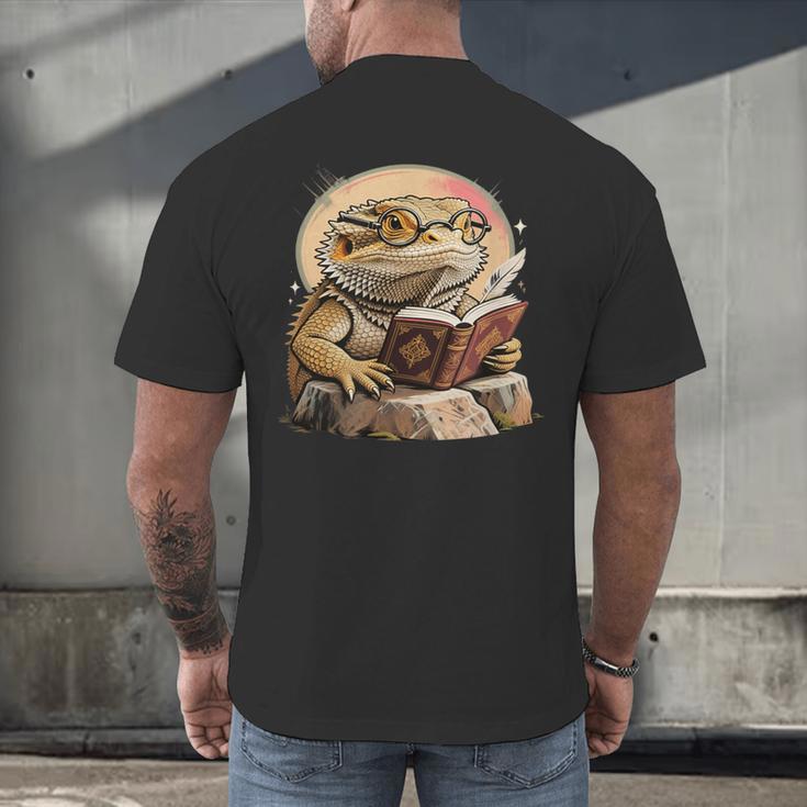 Nerdy Bearded Dragon Glasses Book Reading Men's Back Print T-Shirt