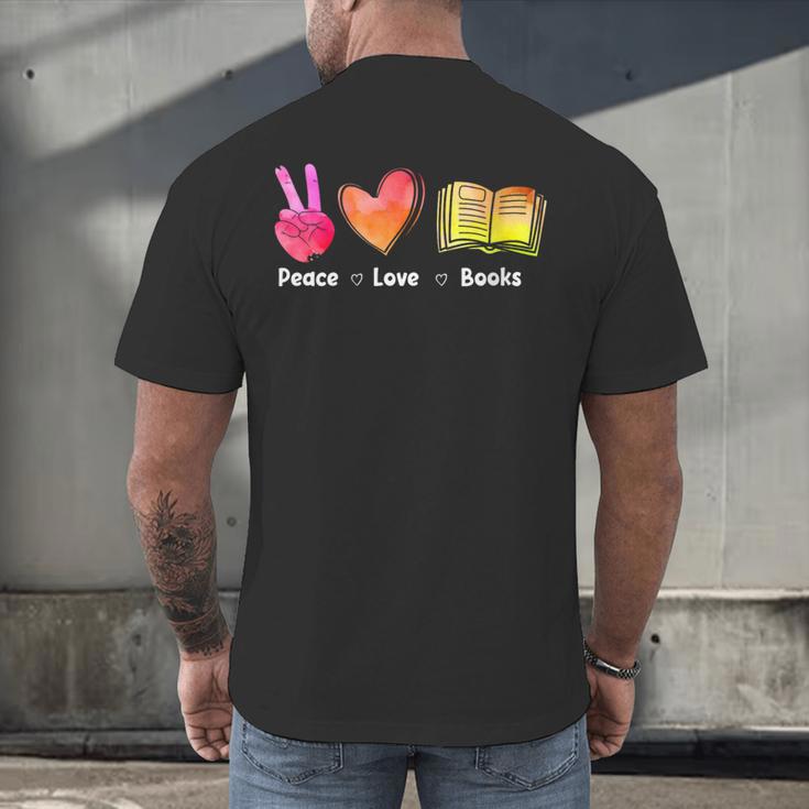 Peace Love Books Reader Librarian Library Book Men's Back Print T-Shirt