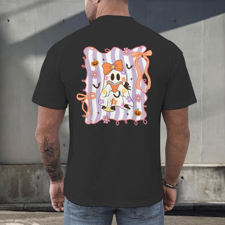 Preppy Coquette Bow Ghost Reading Books Halloween Book Men's Back Print T-Shirt Preppy Coquette Bow Ghost Reading Books Halloween Book Men's Back Print T-Shirt