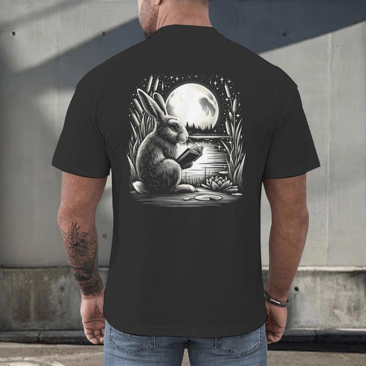 Rabbit Reading Book Full Moon Lake Scenery Men's Back Print T-Shirt Rabbit Reading Book Full Moon Lake Scenery Men's Back Print T-Shirt
