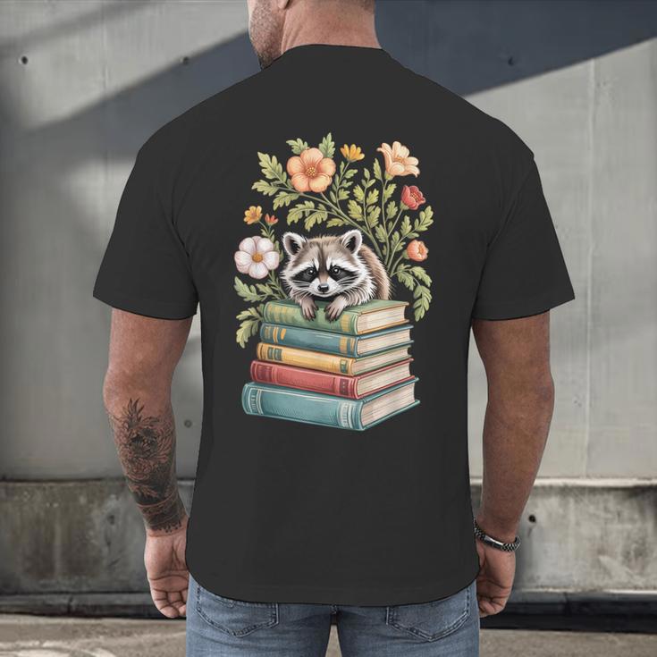 Raccoon Books Reading Flowers Men's Back Print T-Shirt