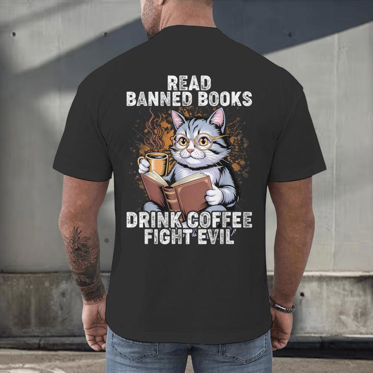 Read Banned Books Drink Coffee Fight Evil Cat Men's Back Print T-Shirt Read Banned Books Drink Coffee Fight Evil Cat Men's Back Print T-Shirt