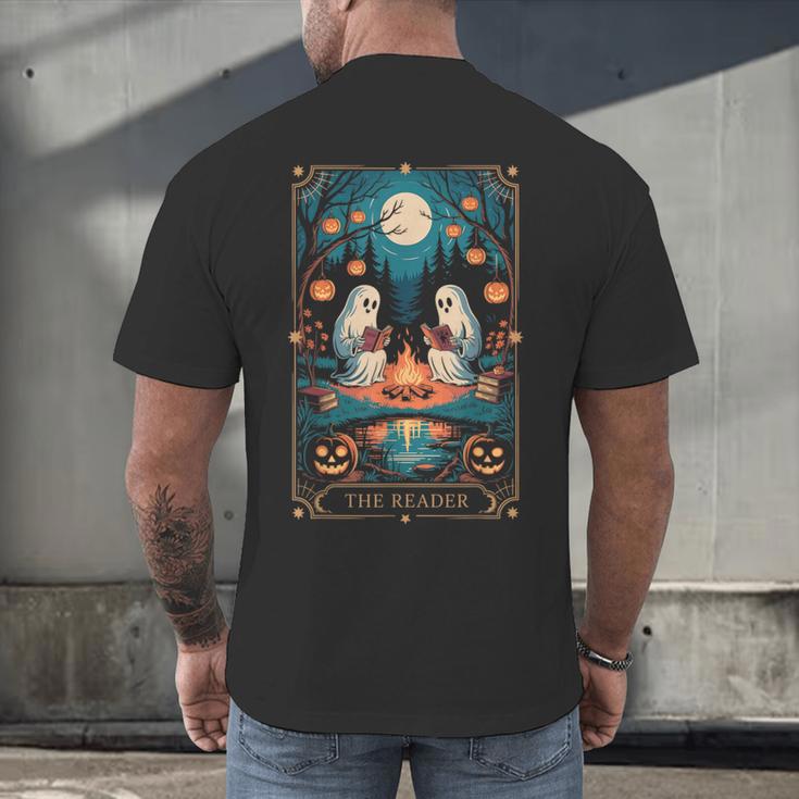 The Reader Bookish Cute Spooky Ghost Reading Book Tarot Card Men's Back Print T-Shirt