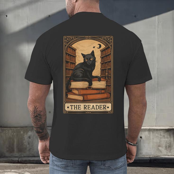 The Reader Cat Book Reading Halloween Tarot Card Men's Back Print T-Shirt The Reader Cat Book Reading Halloween Tarot Card Men's Back Print T-Shirt