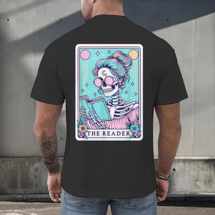 The Reader Retro Reading Skeleton Books Flowers Tarot Card Men's Back Print T-Shirt The Reader Retro Reading Skeleton Books Flowers Tarot Card Men's Back Print T-Shirt