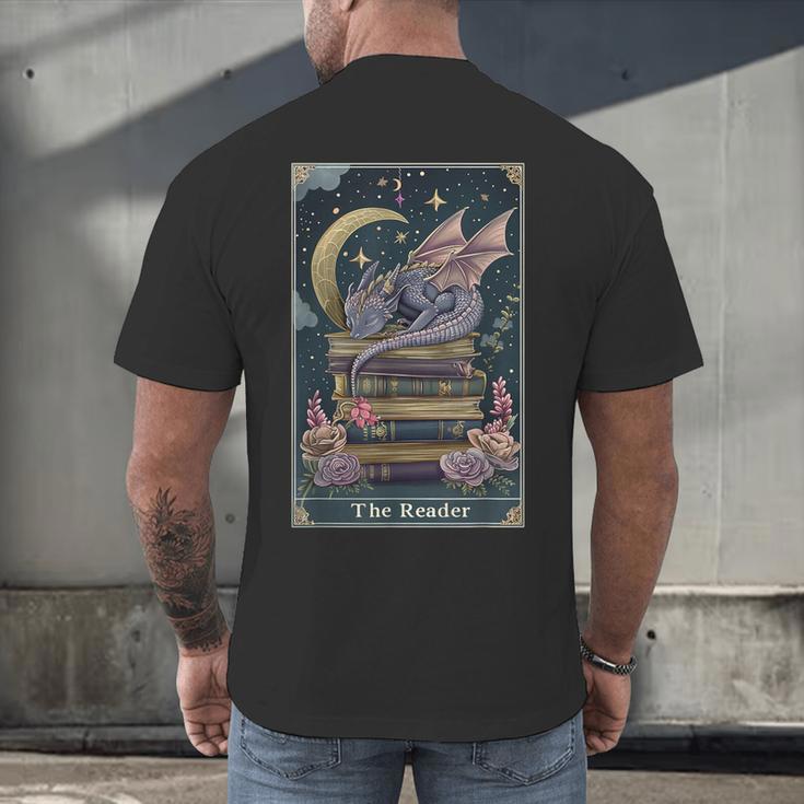 The Reader Tarot Card Book Dragon Romantasy Fantasy Bookish Men's Back Print T-Shirt The Reader Tarot Card Book Dragon Romantasy Fantasy Bookish Men's Back Print T-Shirt