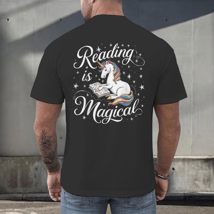 Reading Is Magical Unicorn Book Lover Fantasy Kids Men's Back Print T-Shirt Reading Is Magical Unicorn Book Lover Fantasy Kids Men's Back Print T-Shirt